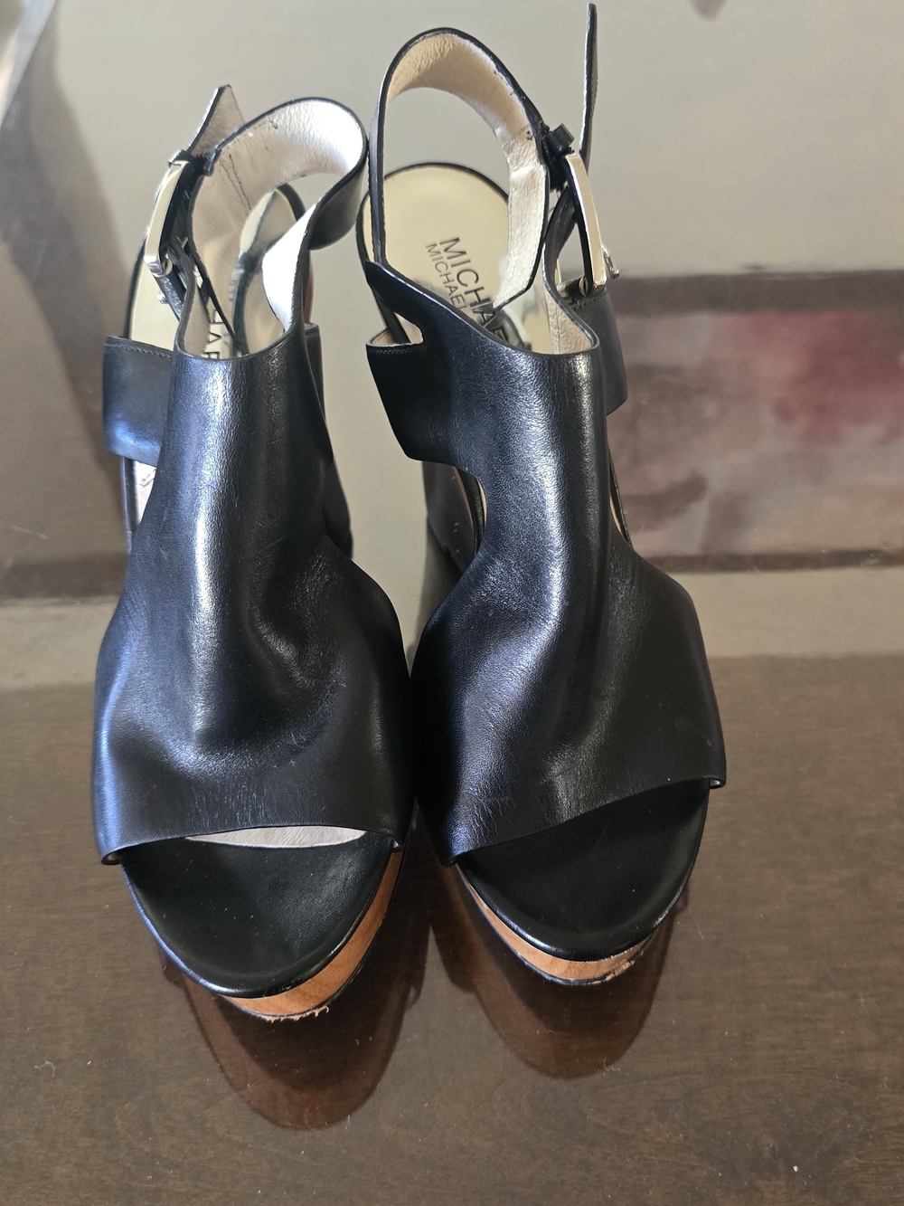 MICHAEL KORS "Josephine" Black Leather Platform Wedge Sandals